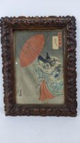 A 20th century Japanese school after Ogata Gekko, a portrait of a woman in a rainstorm wood block