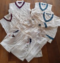 A quantity of cricket whites, mainly knitwear to include a cream Bryan sleeveless sweater with