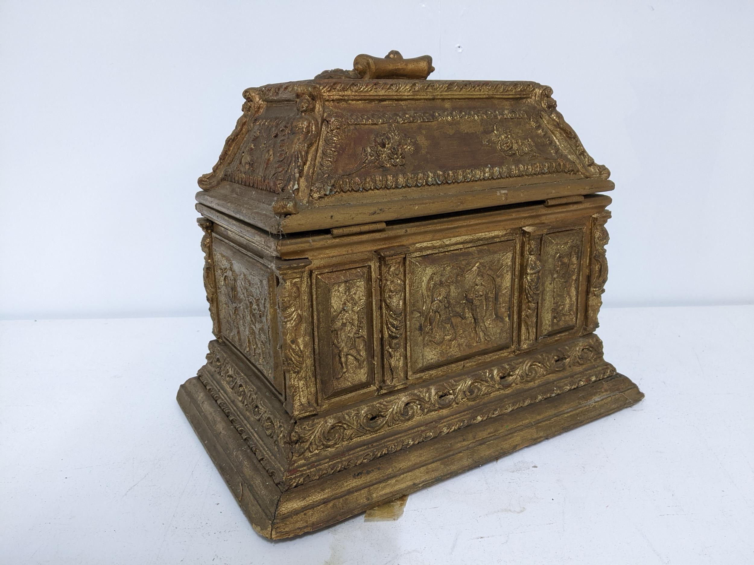 A late Victorian gilt wood jewellery casket, decorated with panels in relief of figures in various - Image 3 of 4