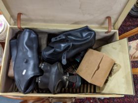 WWII collectables to include three gas masks and boxes, a picture of two soldiers and rounds of