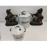 Metalware to include a pair of spelter Marley horses, an enamelled bread and flour bin and a