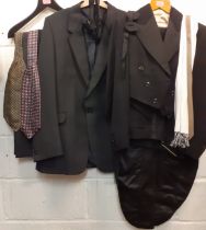 A vintage gents black tails, approx 38/40" chest, waistcoat and white tasselled evening scarf