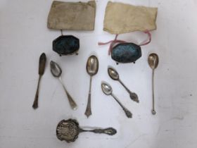 Mixed silver flatware and a pair of salts (missing liners)Birmingham 1917 marks for William Acton,