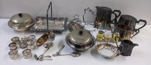 Mixed silver plate to include a Victorian four piece tea service, napkin rings, cutlery and other