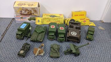 A quantity of army related Dinky toys to include Jeeps Military ambulances (626), a Centurion