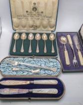 Mixed silver and silver plate to include a silver pickle fork, a set of six silver teaspoons in a