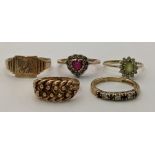 Five 9ct gold rings to include a braided keeper ring, together with three set with coloured stones