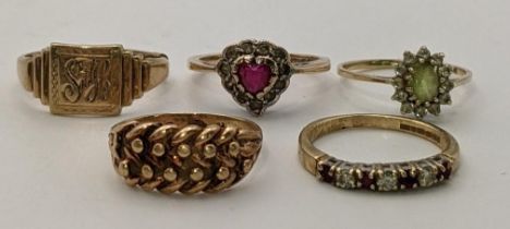 Five 9ct gold rings to include a braided keeper ring, together with three set with coloured stones