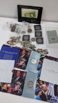 Silver to include two teaspoons, sugar tongs, 62g, coins and a £1 banknote, Location:
