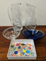 Glassware to include a Jasper Conran jug, vase and bowl, Aura model wrapped sweets and a Magnor blue