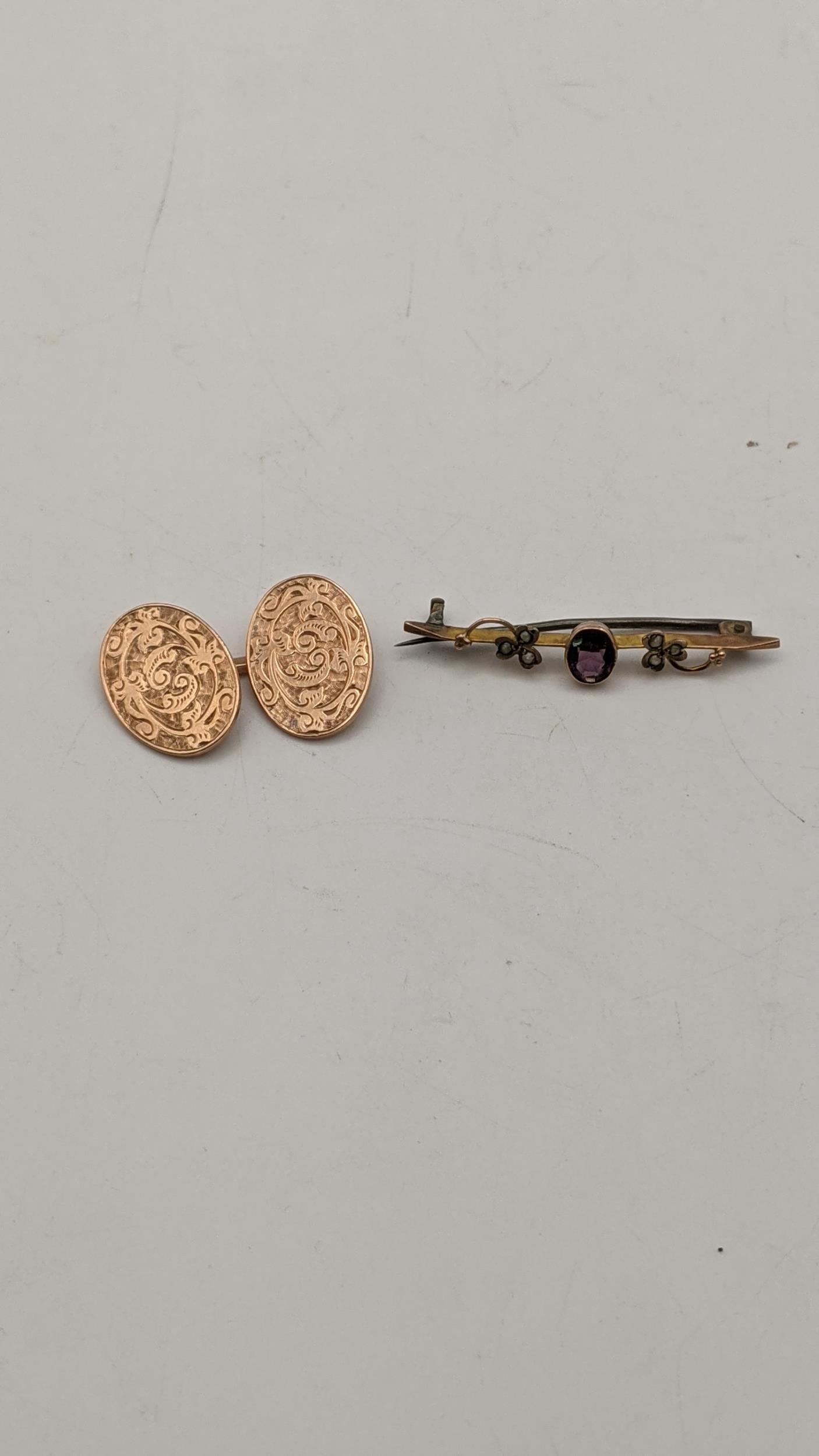 Gold to include a cufflink stamped 10ct, 4g and a Victorian brooch with seed pearls and steel bar,