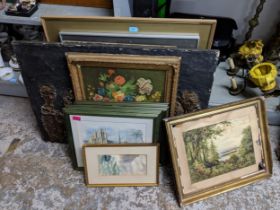 A mixed lot of framed and unframed pictures to include a still life of a vase of flowers signed