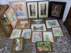 A mixed lot of watercolours, engravings, and prints to include Cyril W. Barraud (1877-1965), a