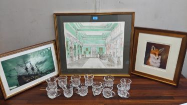 David Gentleman - an interior scene limited edition print 135/195, a set of twelve glasses A/F,