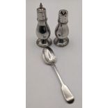 A Ran M Whiting and company Sterling Silver salt and pepper pot A/F along with a silver fiddle