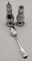 A Ran M Whiting and company Sterling Silver salt and pepper pot A/F along with a silver fiddle