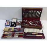 Silver plated cutlery and flatware to include a canteen and a silver egg cup and spoon, boxed,