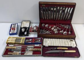 Silver plated cutlery and flatware to include a canteen and a silver egg cup and spoon, boxed,