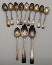Nine silver teaspoons with various dates, 170.5g and three silver plated teaspoons, Location: