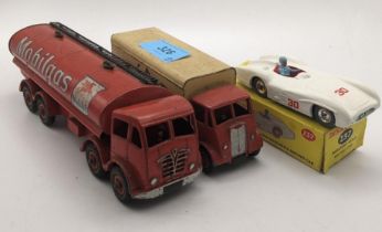 Three Dinky toys to include a boxed Mercedes Benz racing car (237) with a white body, light blue