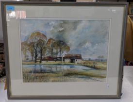 A watercolour depicting a farmyard scene in Aylesbury with an old barn/out building, a pond and