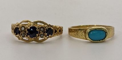 Two 18ct gold rings, one set with a turquoise coloured stone size L½ and the other ring size Q,