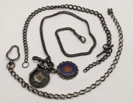 Three pocket watch chains to include an Albert silver chain with T-bar and two silver fobs, 46.5g