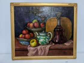 Ephraim Strellet (1906-1939) - The Dragon tea pot, still life oil painting, bowls of apples with a