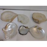 Five mother of pearl shells to include two part carved examples Location: RAF