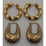 Two pairs of 9ct gold earrings, 7.8g, to include a pair of twisted style hoop hearings Location: