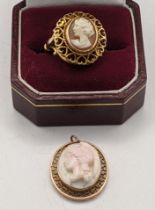 A 9ct gold ring set with a cameo, 4.8g, and a 9ct gold cameo pendant, 3.7g Location: