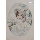 Lewis Baumer (1870-1963) - a watercolour half length portrait depicting a lady in a veil with roses,