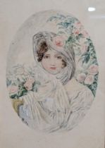 Lewis Baumer (1870-1963) - a watercolour half length portrait depicting a lady in a veil with roses,