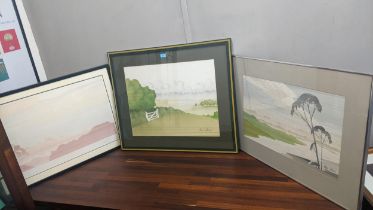 Mike Sibthorp - Three watercolours - a view of a field with a gate watercolour 49cm x 64cm, and