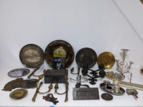A mixed selection of metalware to include a silver plated epergne, eight safe name plaques, set of