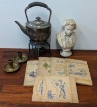 Collectables to include a silver plated spirit kettle, two brass candlesticks, cigarette cards and a