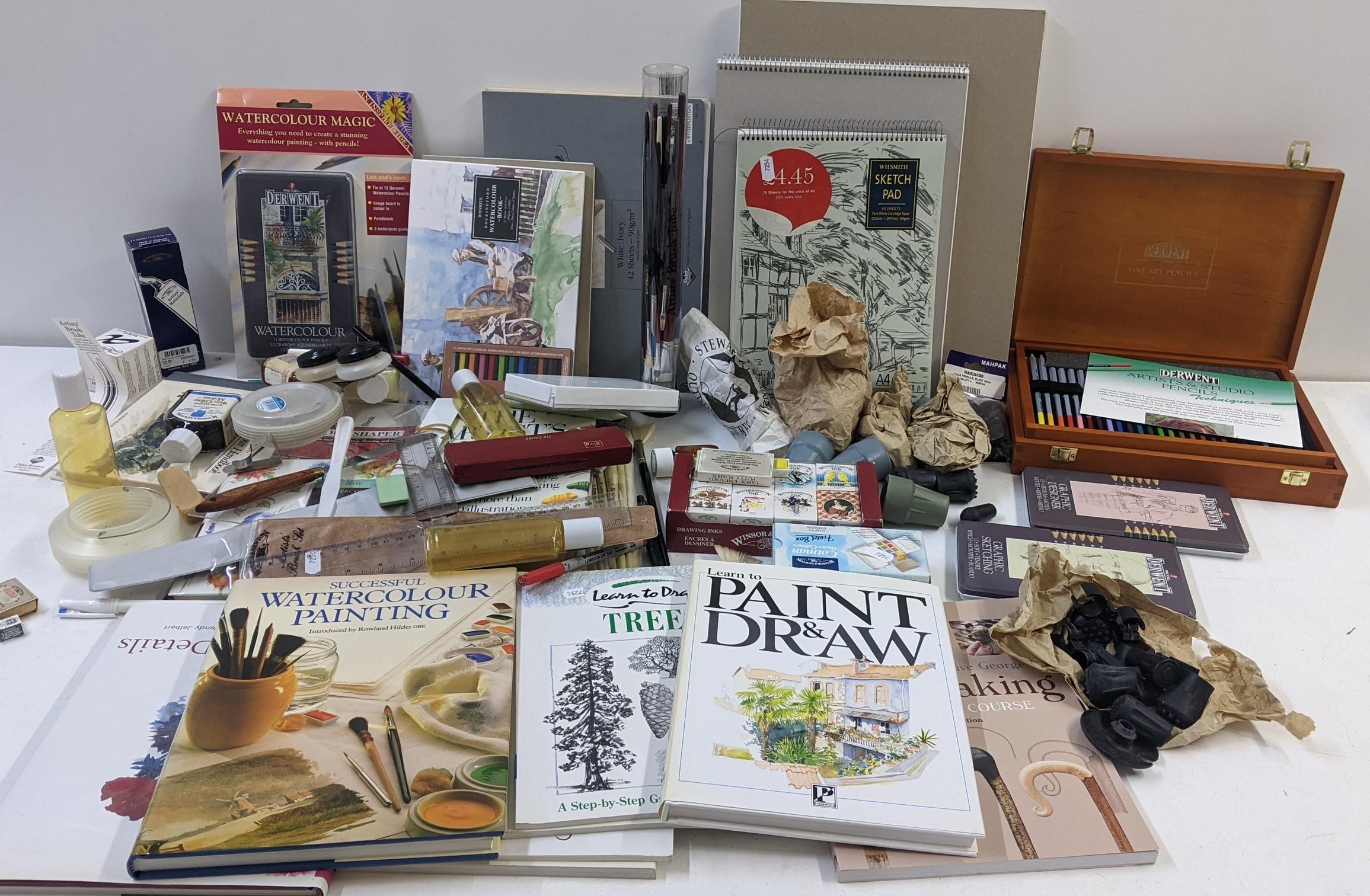 A collection of artist related items and books to include box sets of Derwent pencils, sketch pads