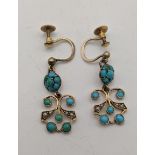 A pair of 9ct gold turquoise and pearl earrings,2g Location: