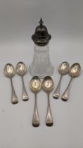 A set of six silver teaspoons, all hallmarked London 1898, 143.9g together with a silver and crystal