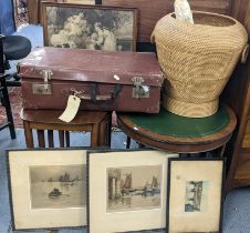 A mixed lot to include a retro nest of tables, pictures including two Henry Walker engravings and