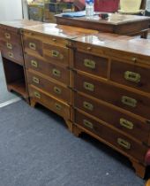 A pair of reproduction campaign yew wood five drawer chest of drawers 73cm h x 61cm w x 30.5cm d,