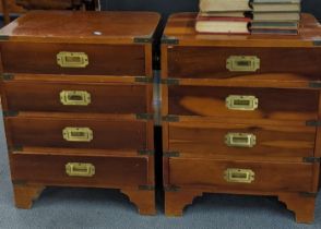 A pair of reproduction campaign yew wood four drawer chest of drawers 59.5cm h x 30cm d x 46cm w