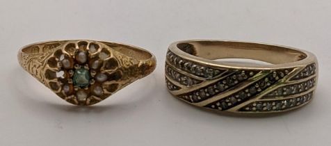Two gold rings to include a 15ct ring set with a central emerald coloured stone surrounded by Pearls