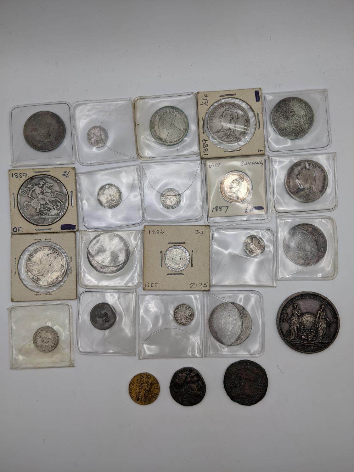 Victoria silver coinage to include an 1889 crown, 1859 Gothic Florin, half crowns 1889-1891, 1896, - Image 2 of 3
