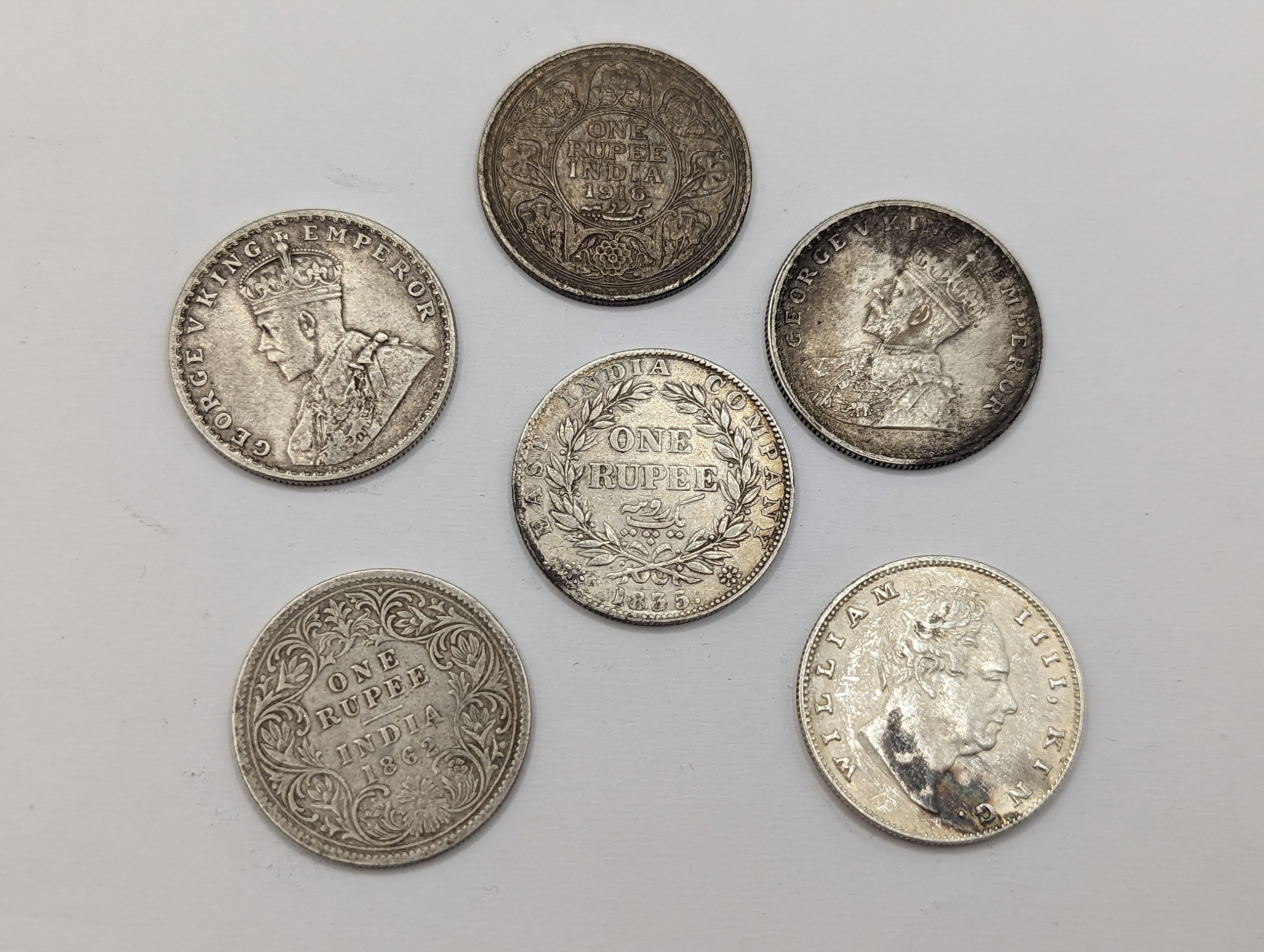 British India Coins - A group of six One Rupee's comprising of x2 William IV East India Company 1835 - Image 2 of 2