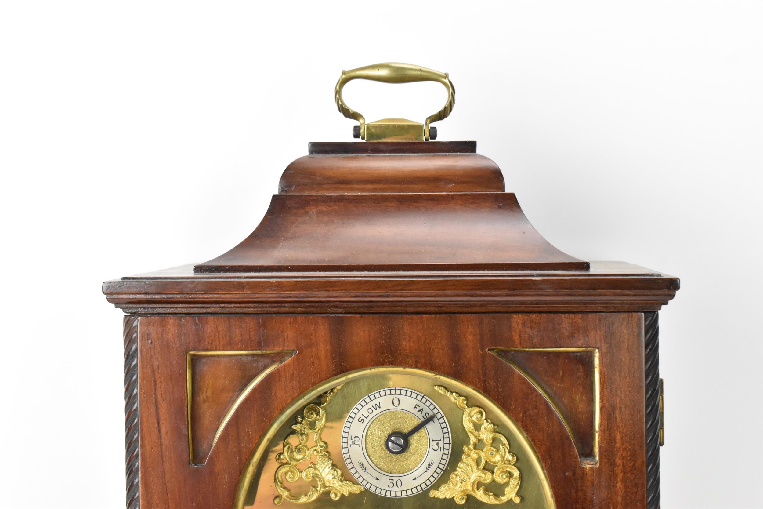 A late 19th/early 20th century mahogany 8 day mantle clock, the case having an inverted bell top - Image 2 of 7