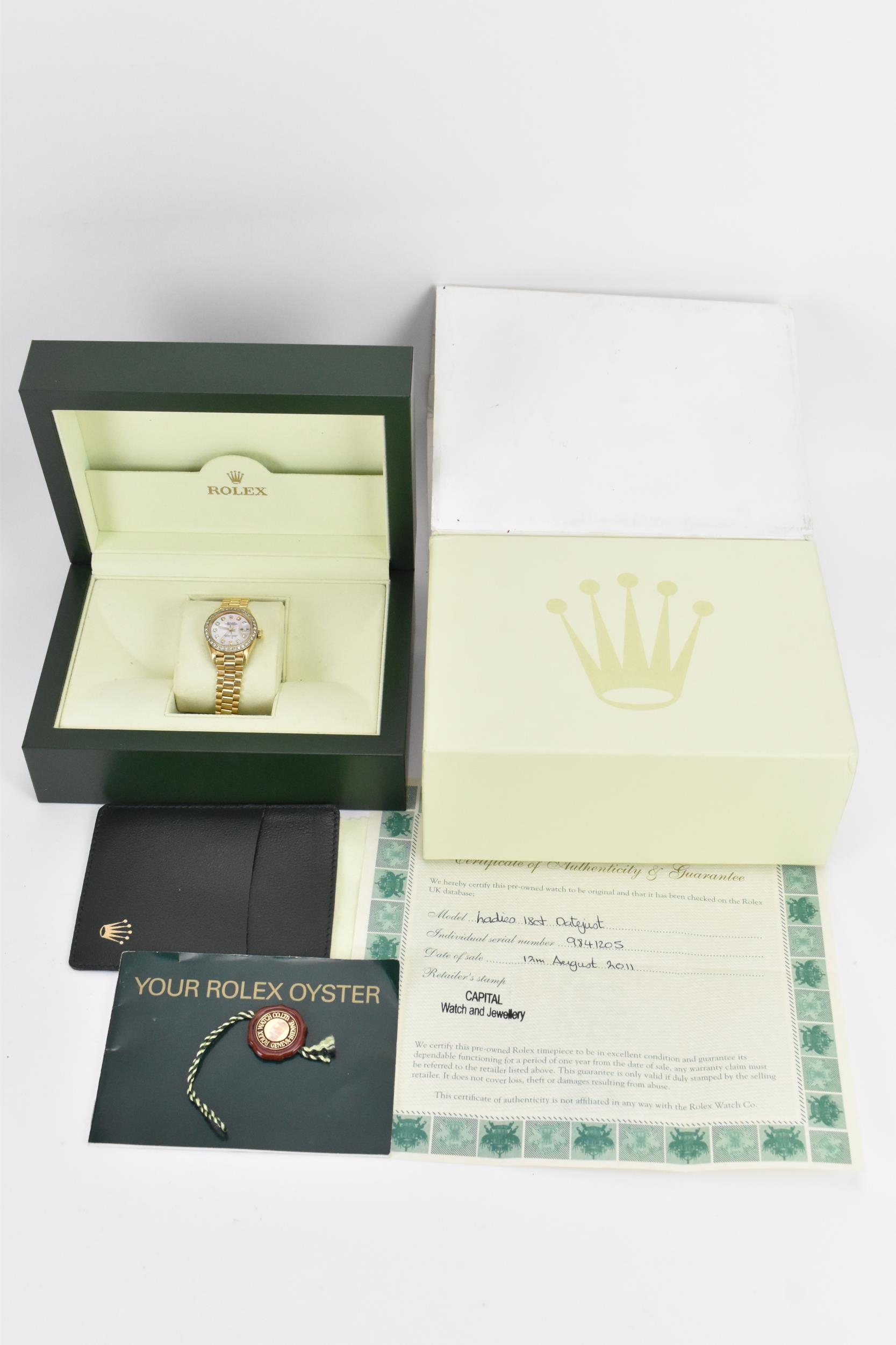 A Rolex Pearlmaster Datejust, automatic, ladies, 18ct gold wristwatch, having a mother of pearl - Image 2 of 10