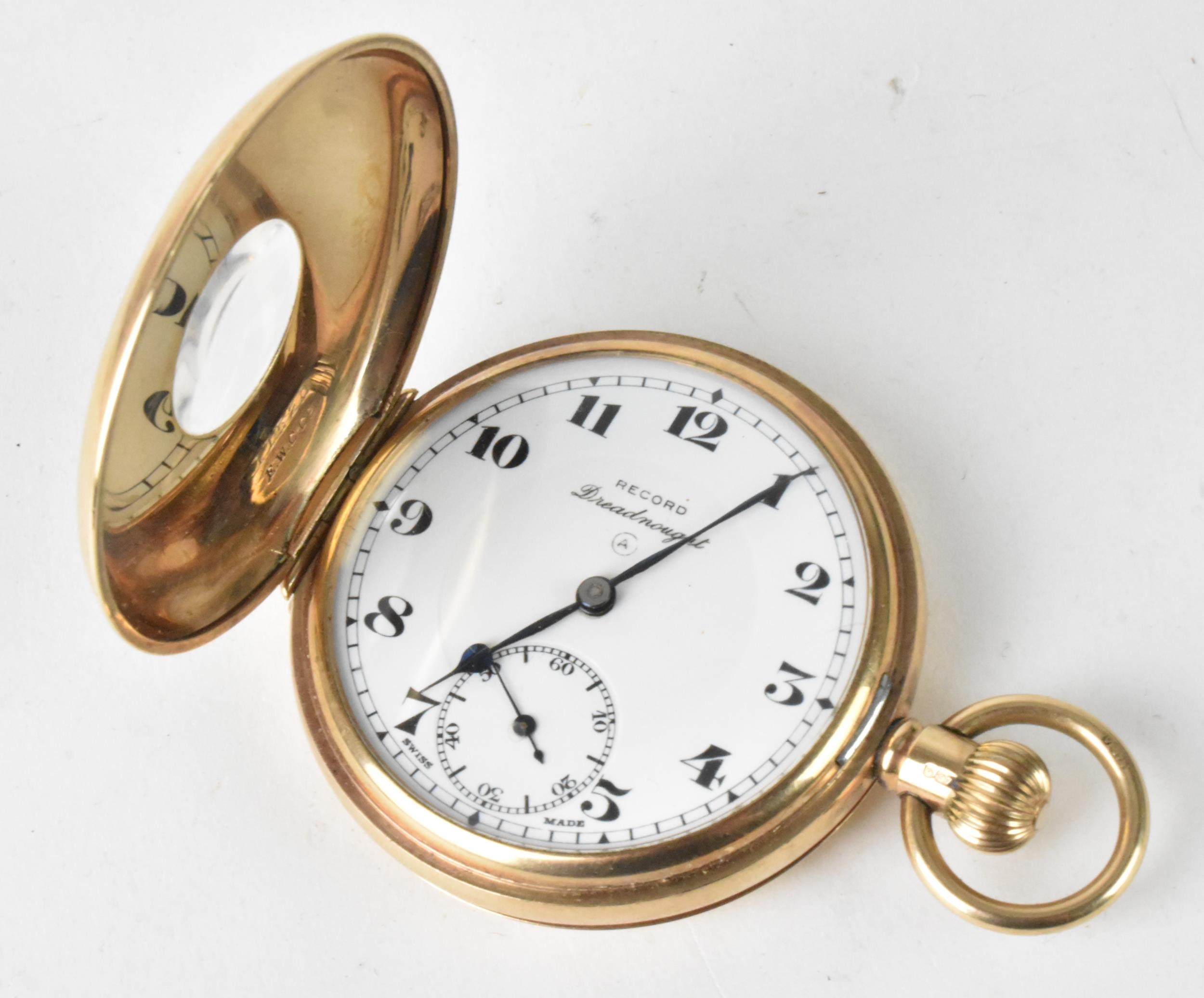 An early 20th century Record Dreadnought, 9ct gold, open faced pocket watch, the white enamel dial