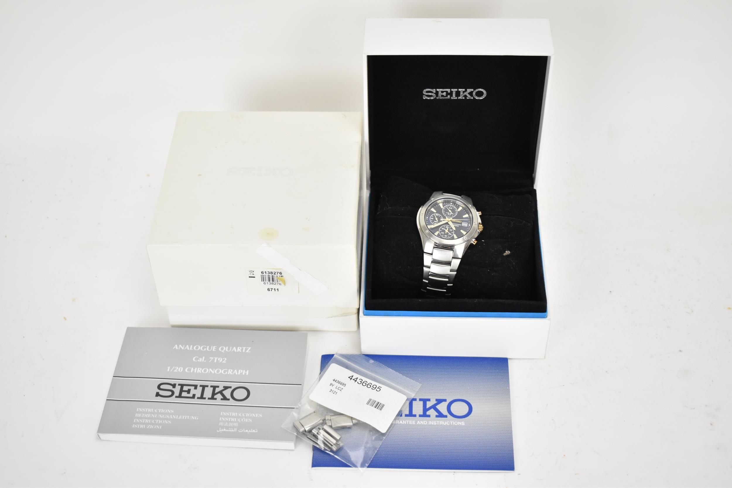 A Seiko chronograph, quartz, gents, stainless steel wristwatch, having a black dial, luminous - Image 2 of 4