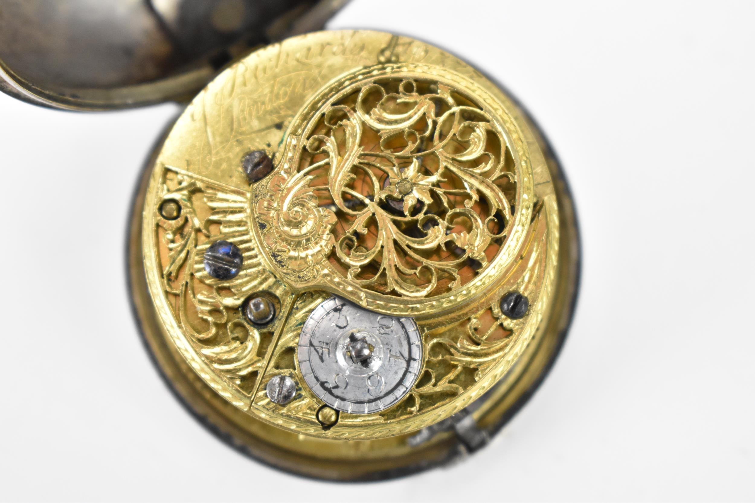 A George III shagreen and silver pair cased pocket watch, the white enamel dial having black Roman - Image 7 of 9